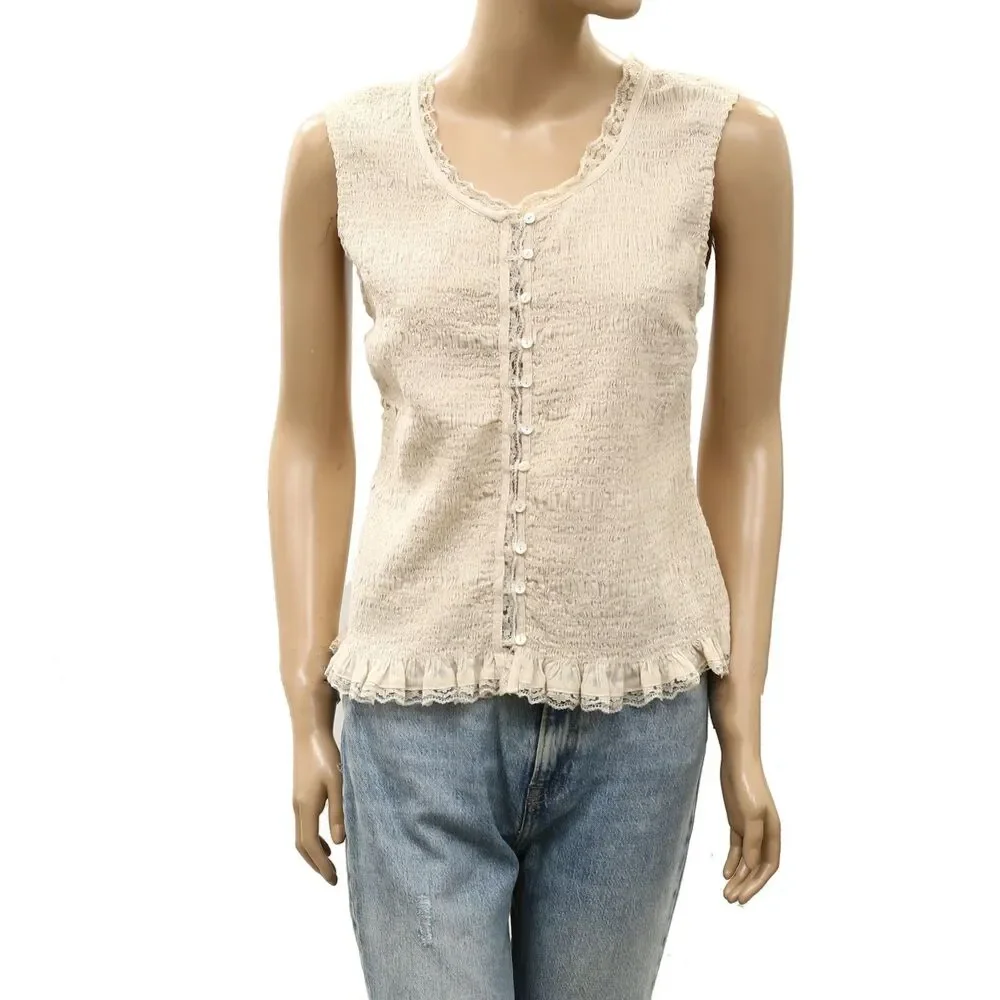 Free people Women's Smocked Solid  Blouse Tank Top Lace Boho Cotton L 288881